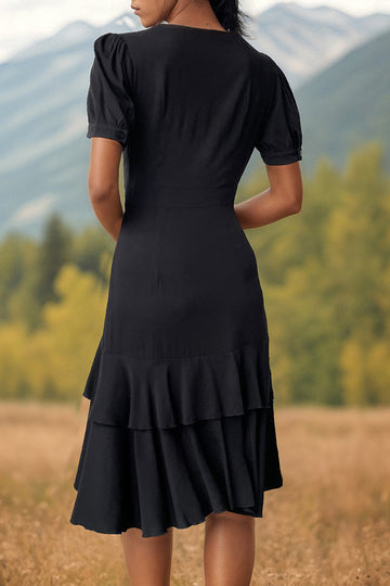 Robe d’été midi à volants noir à col en V